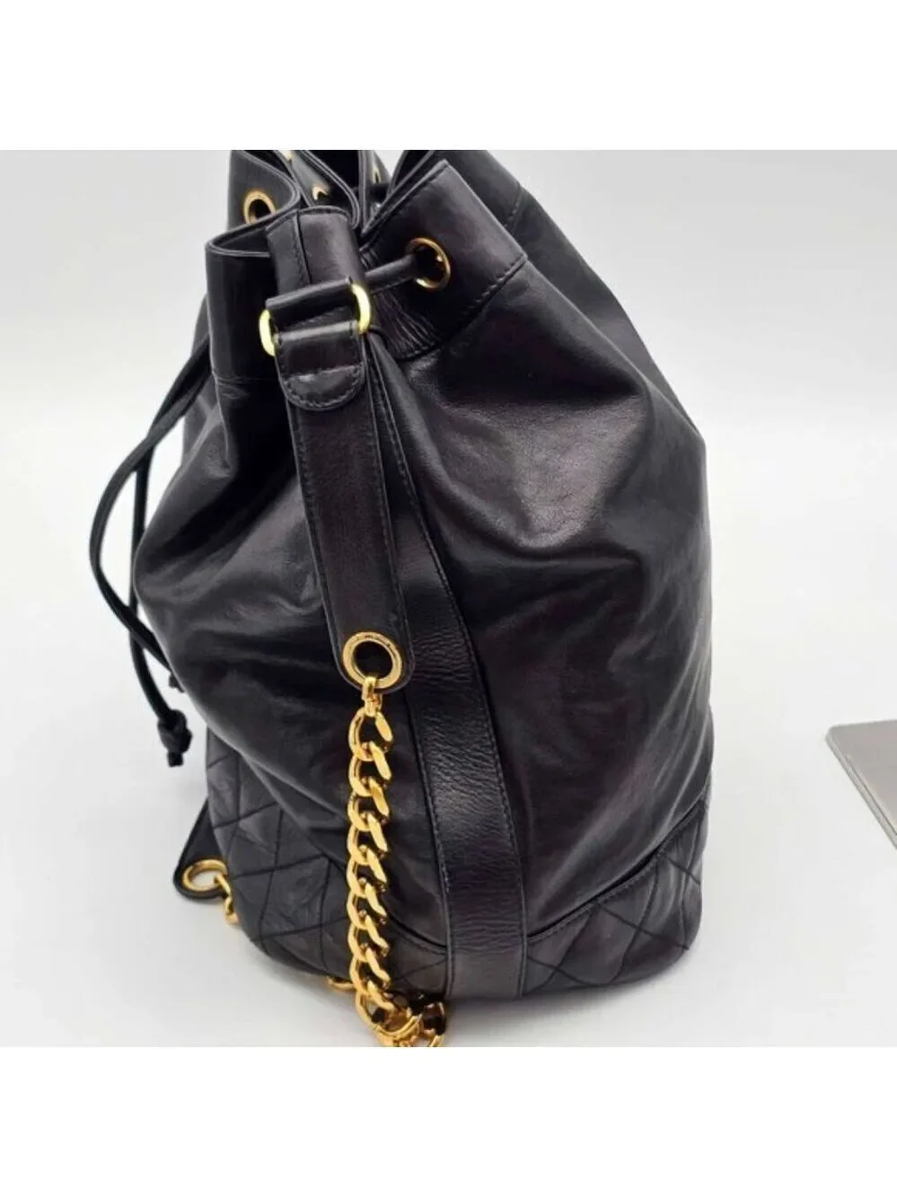 Authentic Chanel Drawstring Bucket Bag Black Leather Gold Chain CC Logo